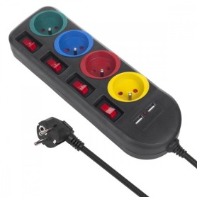 Przedłużacz 4 gniazda, 2xUSB,  1,5 m z uziemieniem z wyłącznikami multikolor