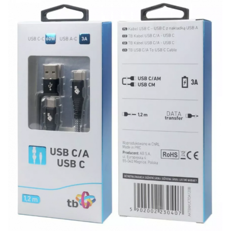 Przyłącze USB typ C x USB typ C  z nakładką USB A  1,2m  TB czarny sznurek
