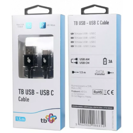 Przyłącze USB x USB typ C  1,5m PREMIUM TB czarny sznurek