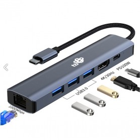 TB Adapter HUB USB C Metal 6w1 3xUSB C, LAN, HDMI, USB C  PD (Power Delivery) 100W